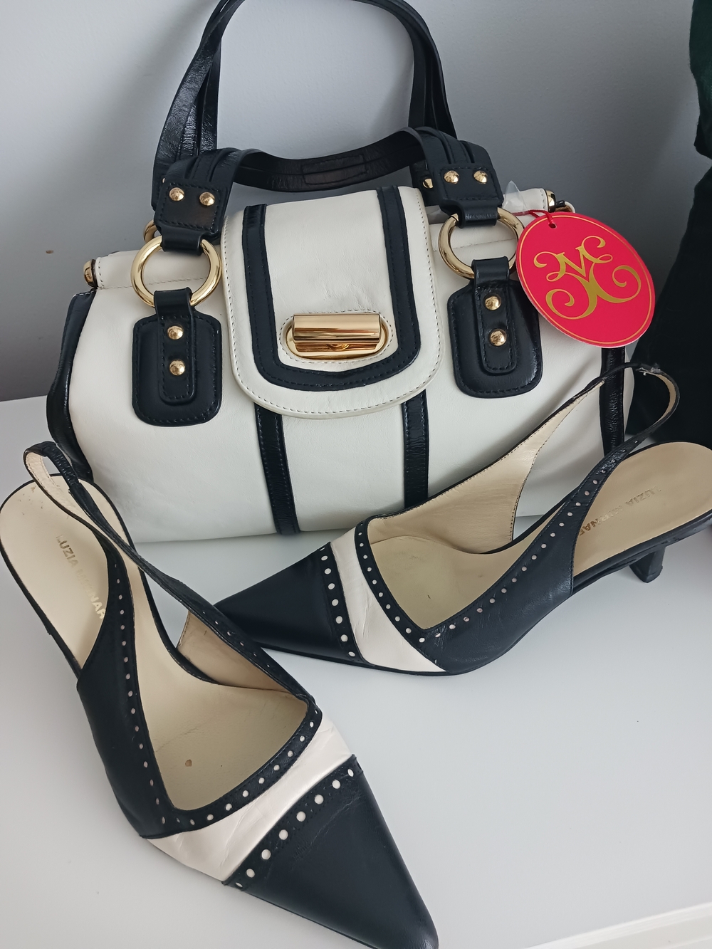 Black and White Satchel Handbag with Gold Hardware